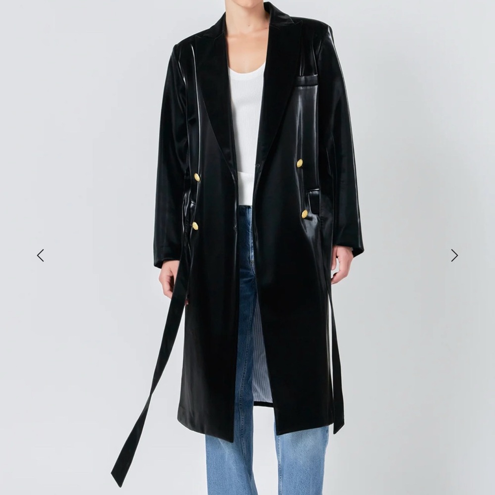 Endless Rose Shiny Faux Leather Black Trench Coat with Gold Buttons